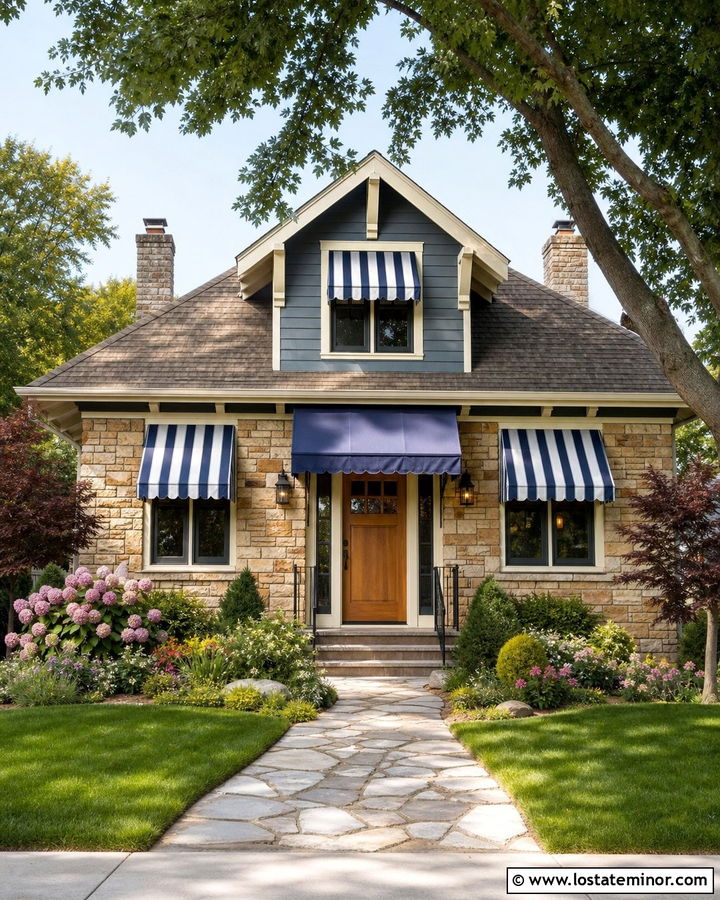 Stone Bungalow With Striped Fabric Awning - 30 Stone House Design With Awning Ideas