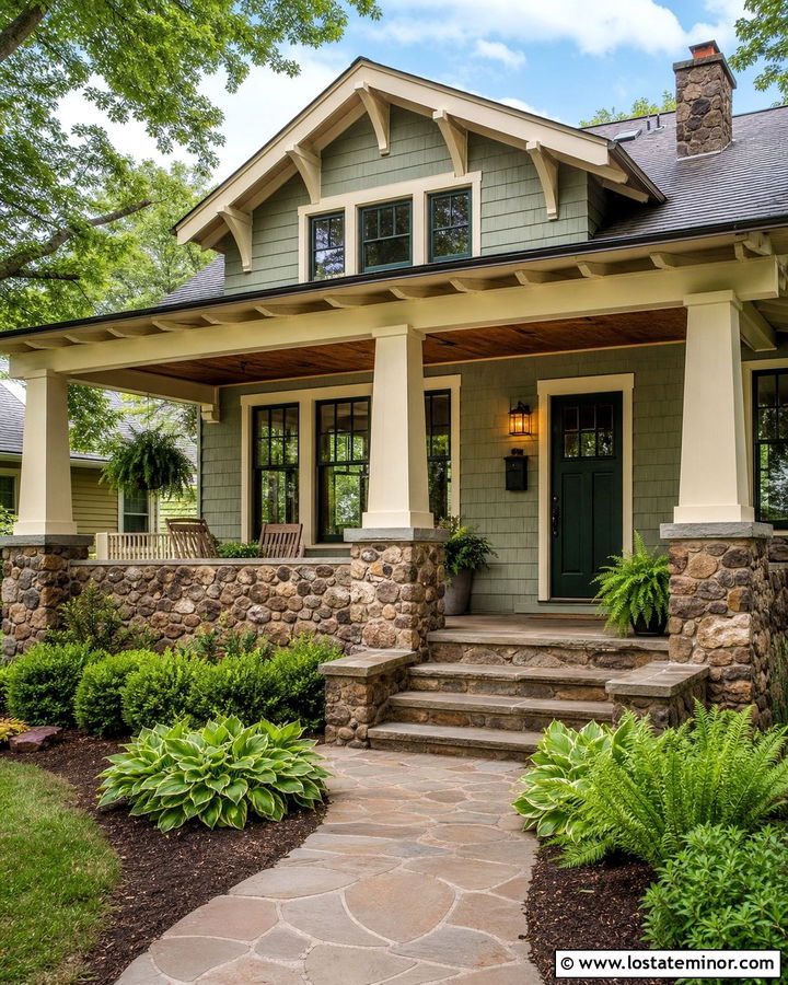 Stone Bungalow With Tapered Front Porch Columns - 30 Stone House Design With Front Porch Ideas