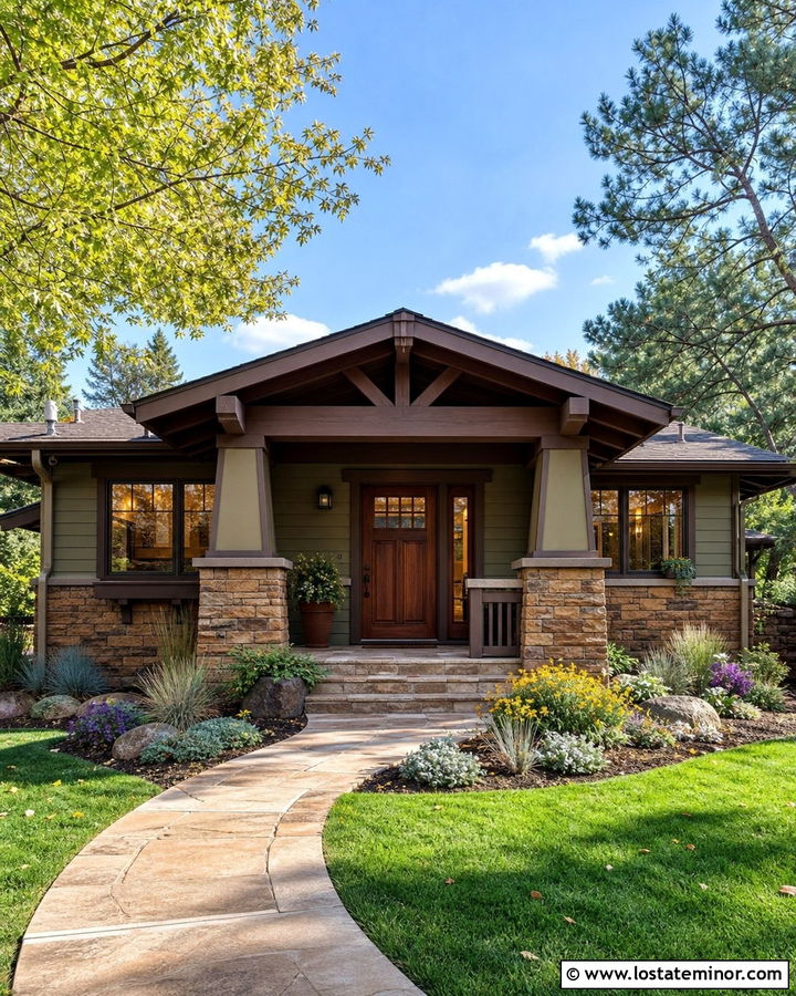 Stone Bungalow With Tapered Portico Columns - 30 Stone House Design With Portico Ideas