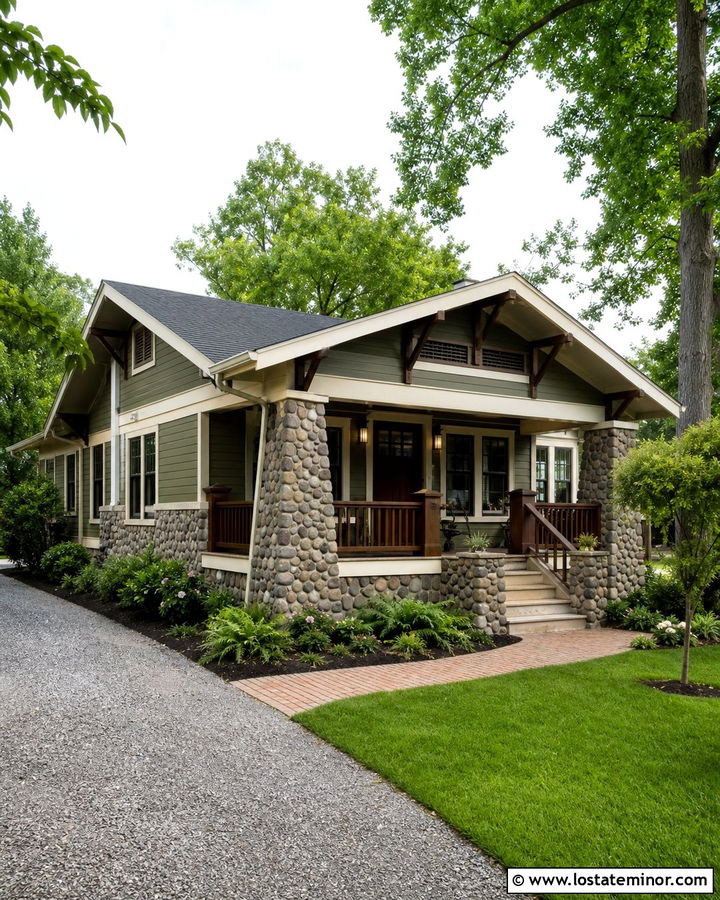 Stone Bungalow With Tapered Wood Railings - 30 Stone House Design With Railings Ideas