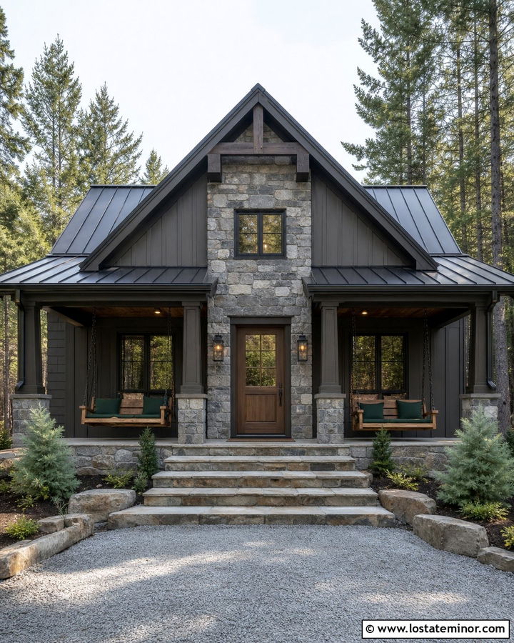 Stone Cabin House With Double Porch Swings - 30 Stone House Design With Swing Ideas