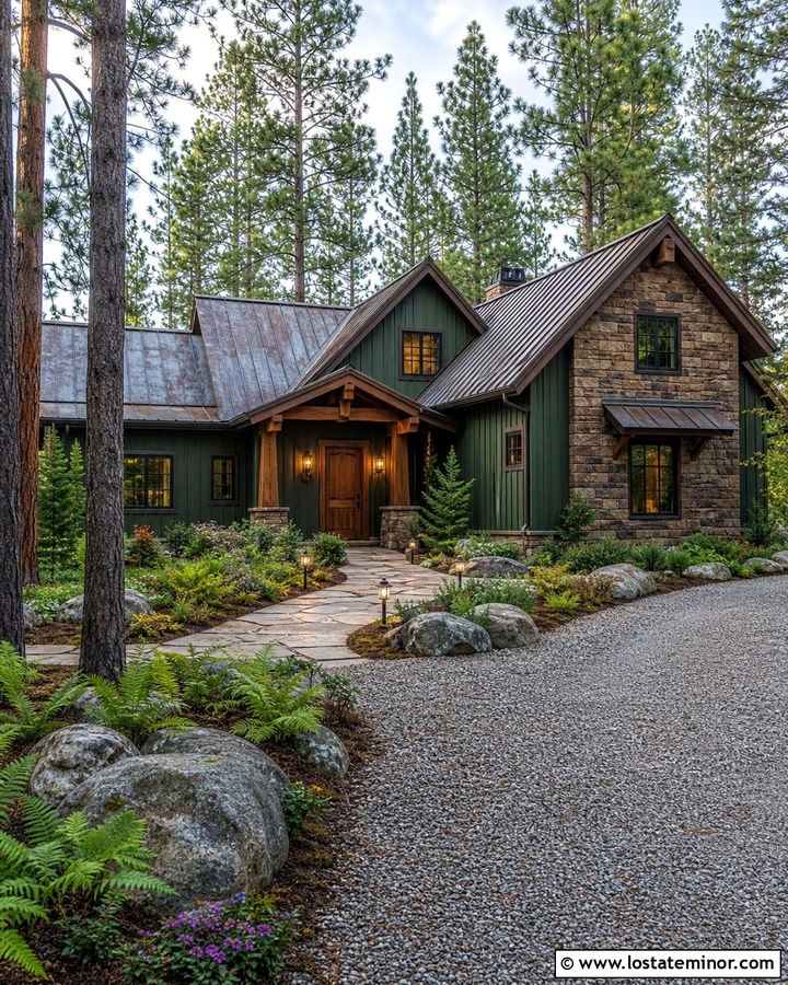 Stone Cabin House With Path Lighting - 30 Stone House Design With Lighting Ideas