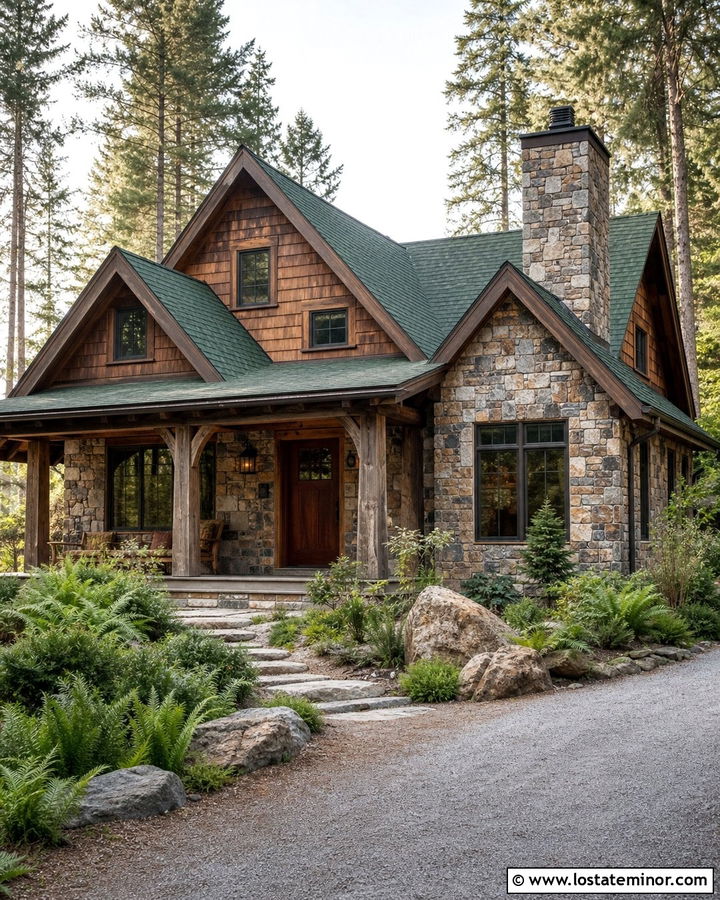 Stone Cabin With Green Shingle Roof - 30 Stone House Design With Roof Ideas
