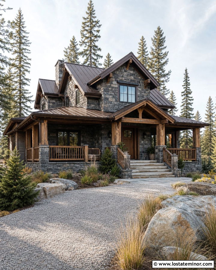 Stone Cabin With Timber Rail Steps - 30 Stone House Design With Steps Ideas