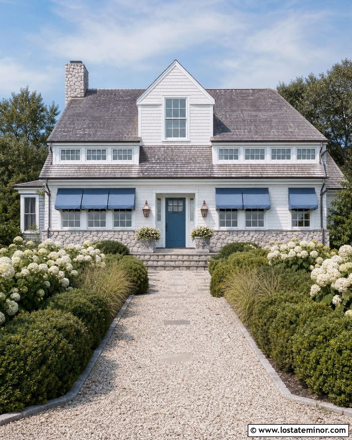 Stone Cape Cod House With Blue Awnings - 30 Stone House Design With Awning Ideas