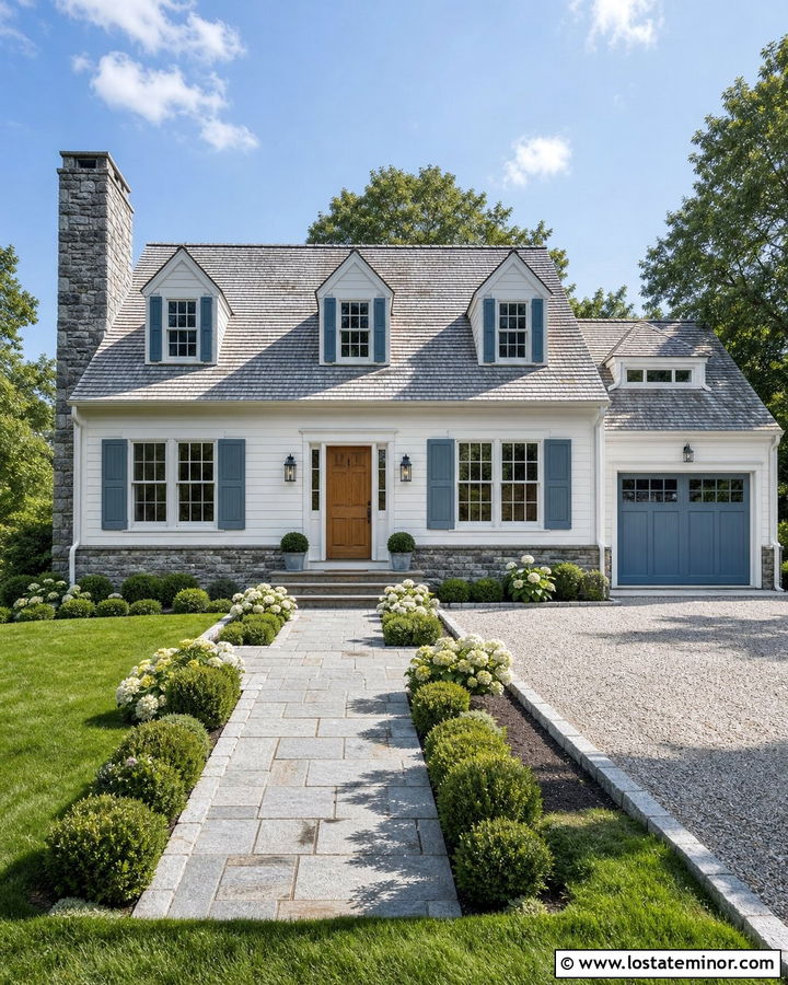 Stone Cape Cod House With Blue Garage Door - 30 Stone House Design With Garage Door Ideas