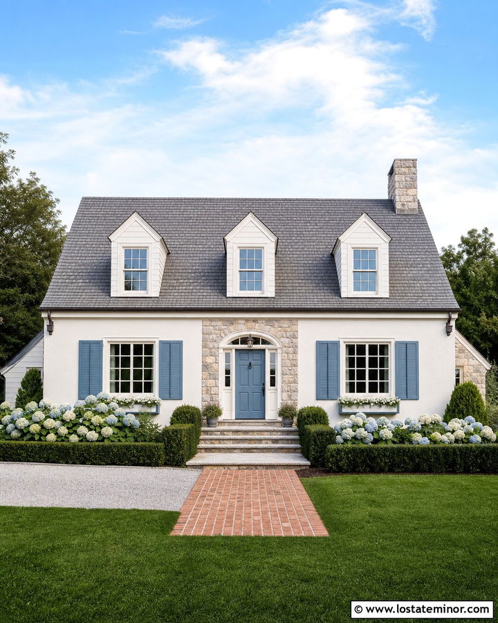 Stone Cape Cod House With Blue Shutters - 30 Stone House Design With Shutters Ideas
