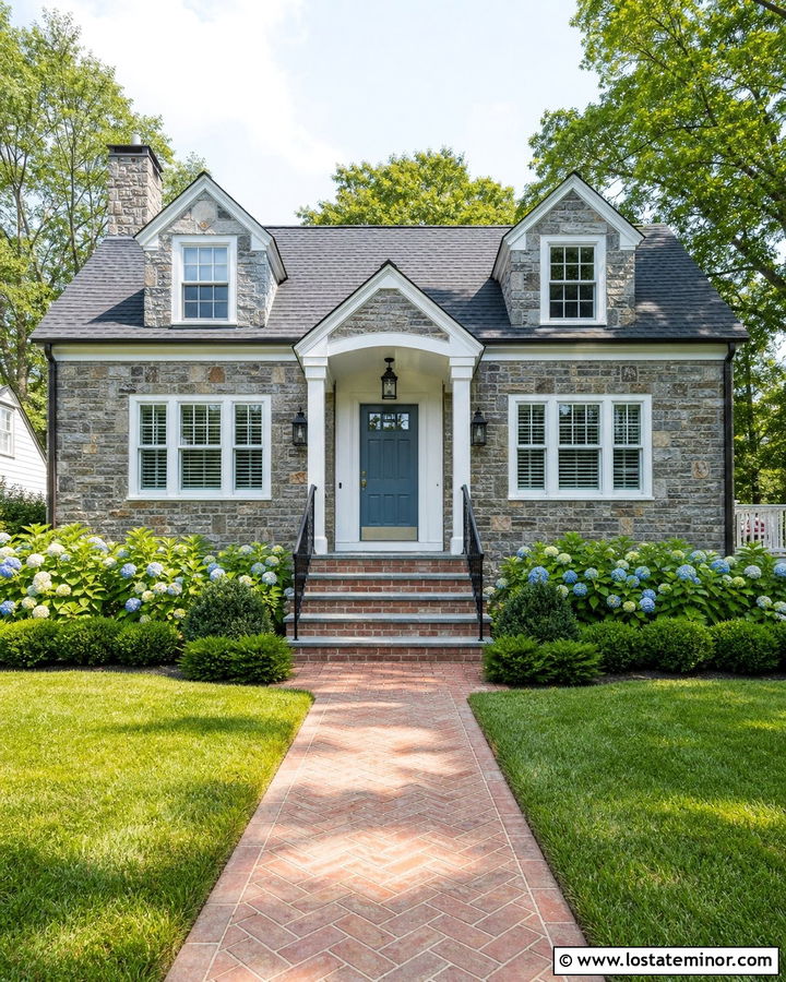 Stone Cape Cod House With Brick Steps - 30 Stone House Design With Steps Ideas