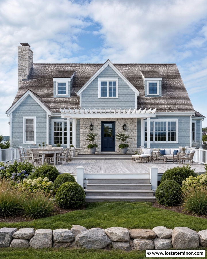 Stone Cape Cod House With Coastal Deck - 30 Stone House Design With Deck Ideas
