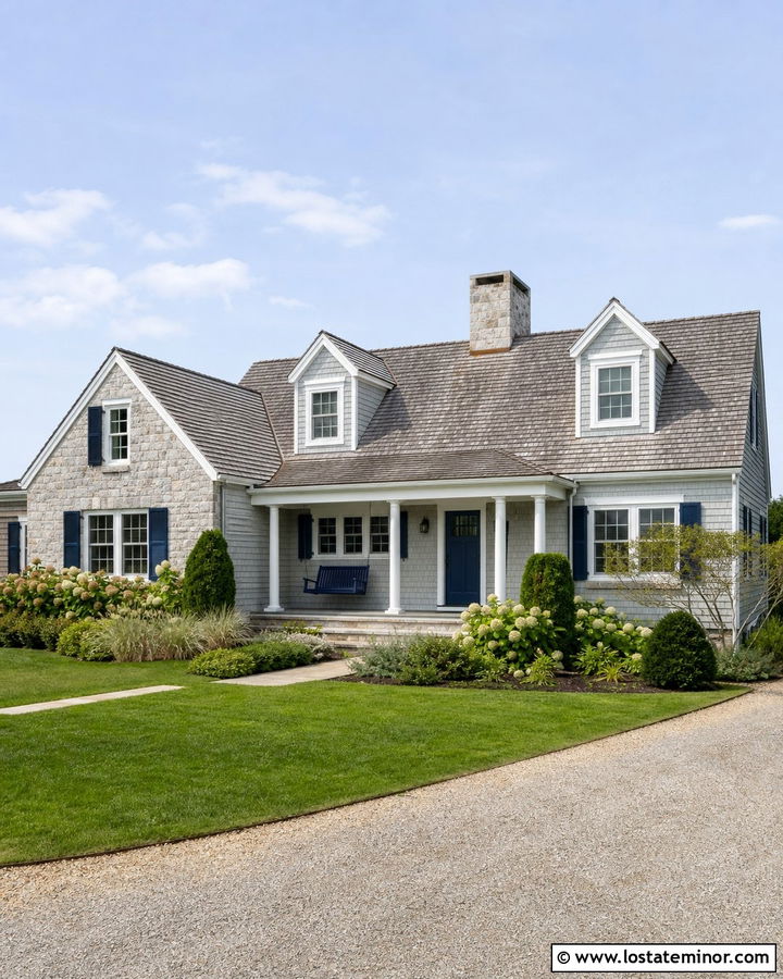 Stone Cape Cod House With Navy Swing - 30 Stone House Design With Swing Ideas