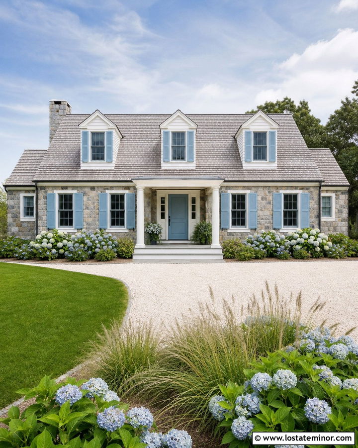 Stone Cape Cod House With Soft Blue Window Frames - 30 Stone House Design With Window Frames Ideas
