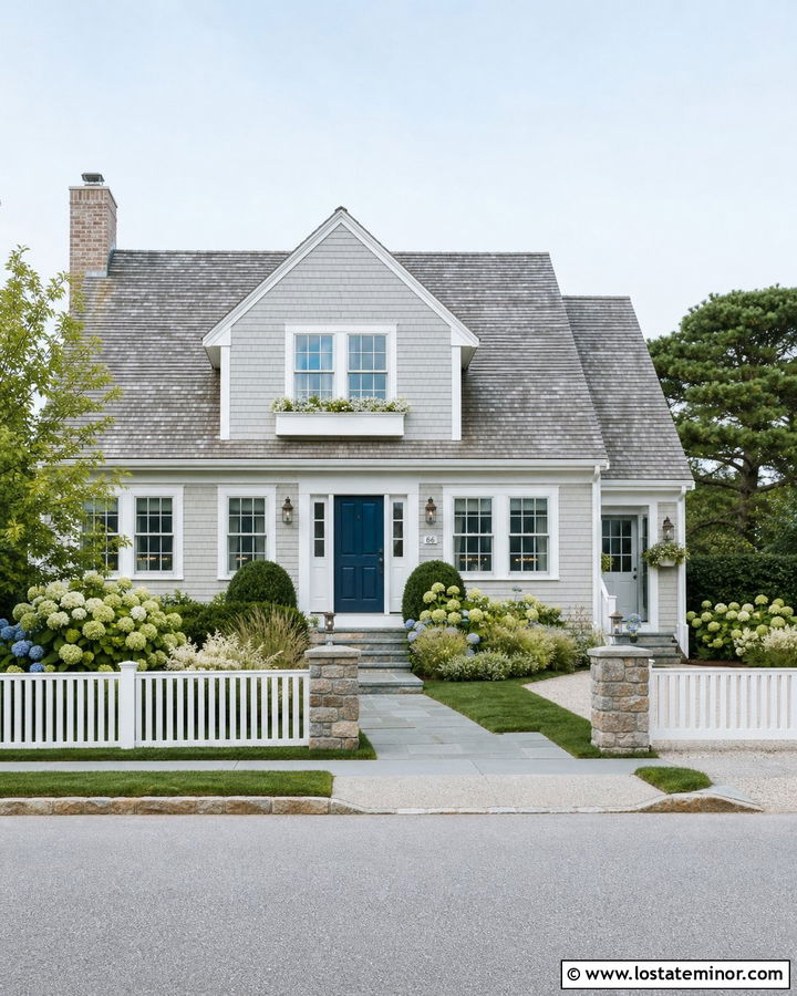 Stone Cape Cod House With White Fence - 30 Stone House Design With Fence Ideas
