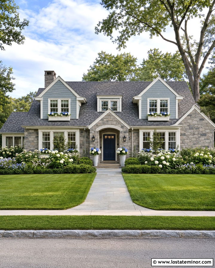 Stone Cape Cod House With White Flower Boxes - 30 Stone House Design With Window Boxes Ideas