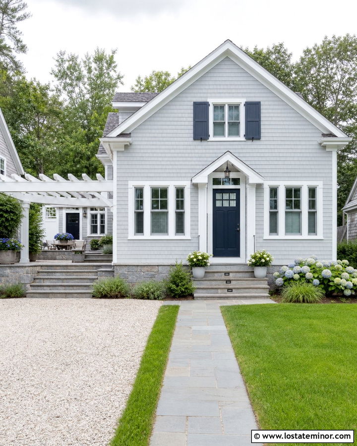 Stone Cape Cod House With White Pergola - 30 Stone House Design With Pergola Ideas