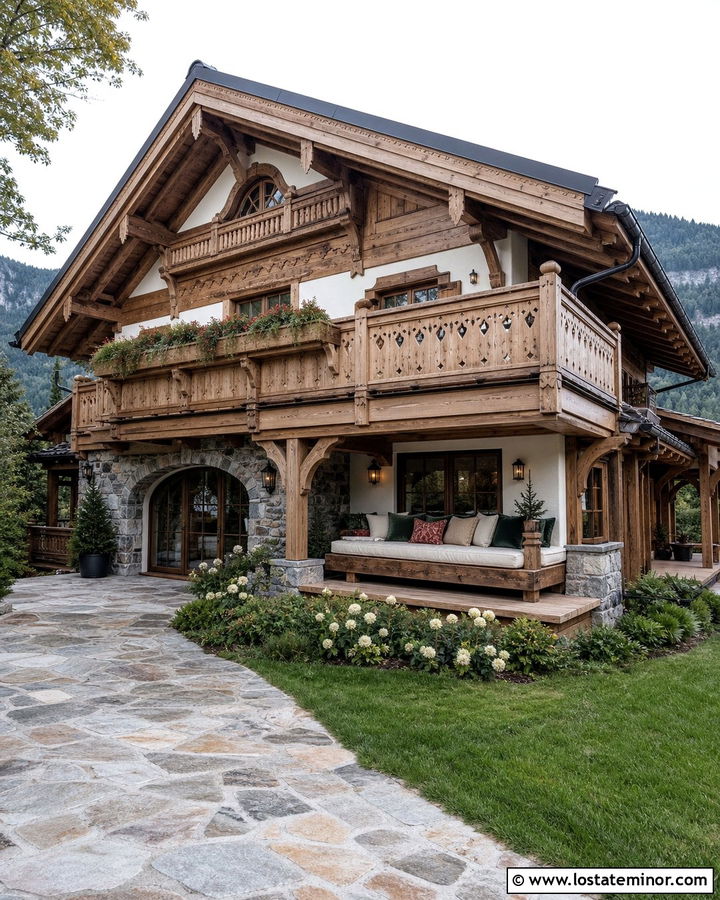 Stone Chalet House With Balcony Daybed - 30 Stone House Design With Daybed Ideas