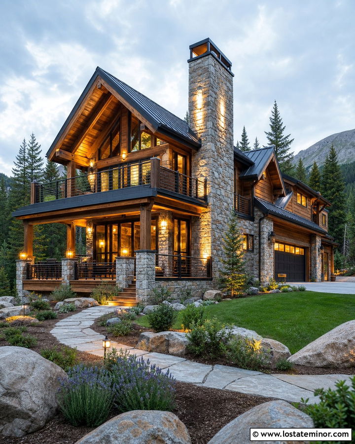 Stone Chalet House With Balcony Lighting - 30 Stone House Design With Lighting Ideas