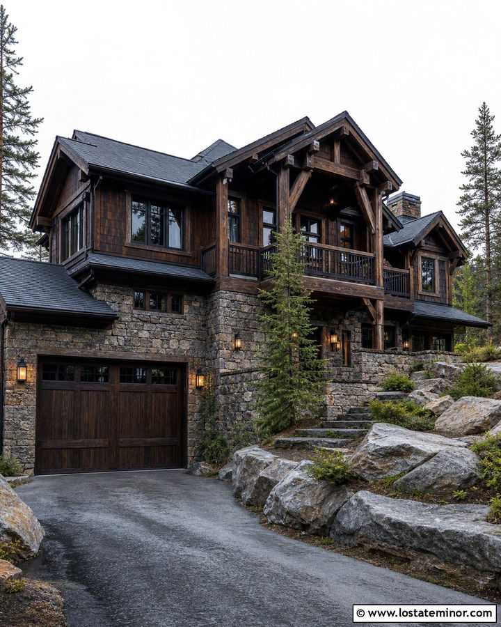 Stone Chalet With Dark Wood Garage Door - 30 Stone House Design With Garage Door Ideas