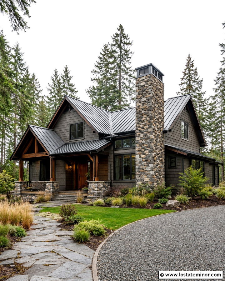 Stone Chimney With Wood Siding - 30 Stone House Design With Accents Ideas