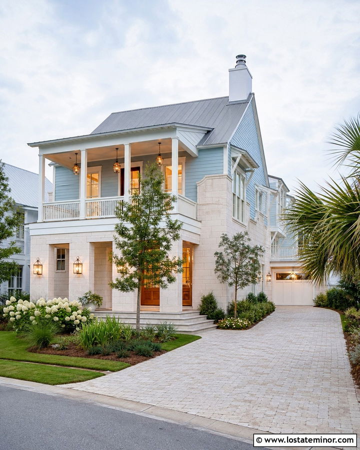 Stone Coastal House With Brass Lighting - 30 Stone House Design With Lighting Ideas