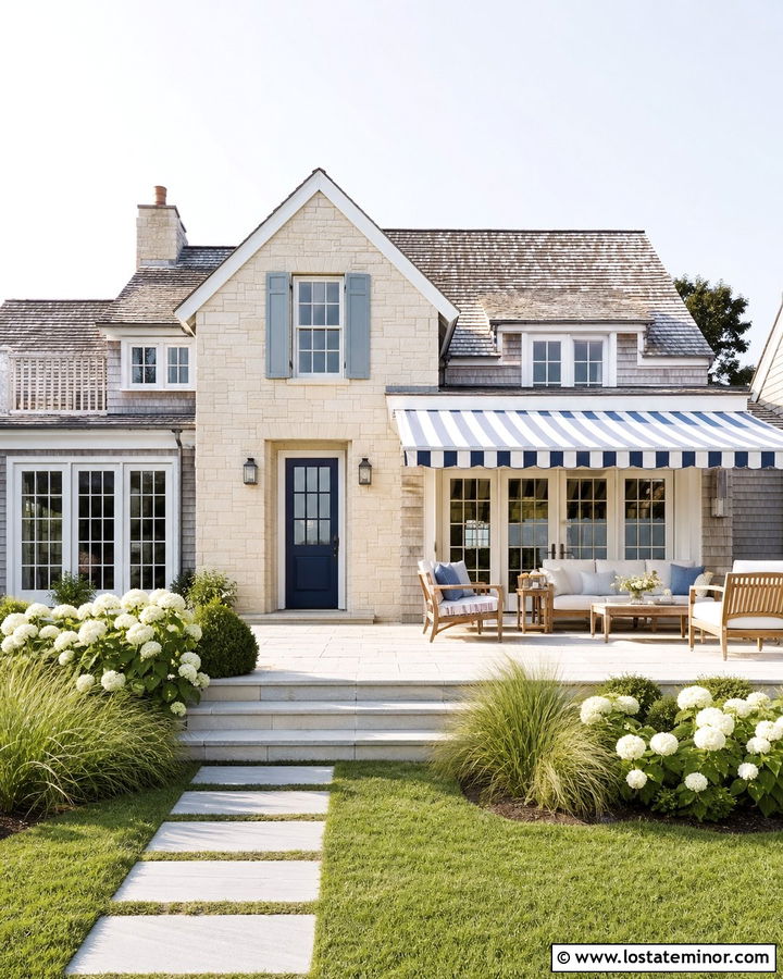 Stone Coastal House With Retractable Patio Awning - 30 Stone House Design With Awning Ideas