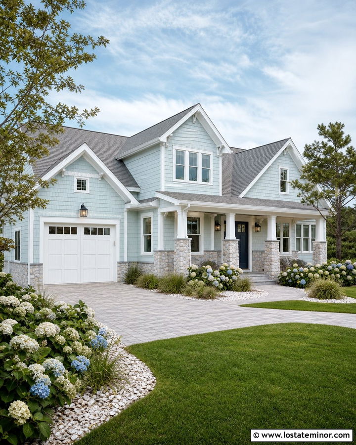 Stone Coastal House With White Garage Door - 30 Stone House Design With Garage Door Ideas