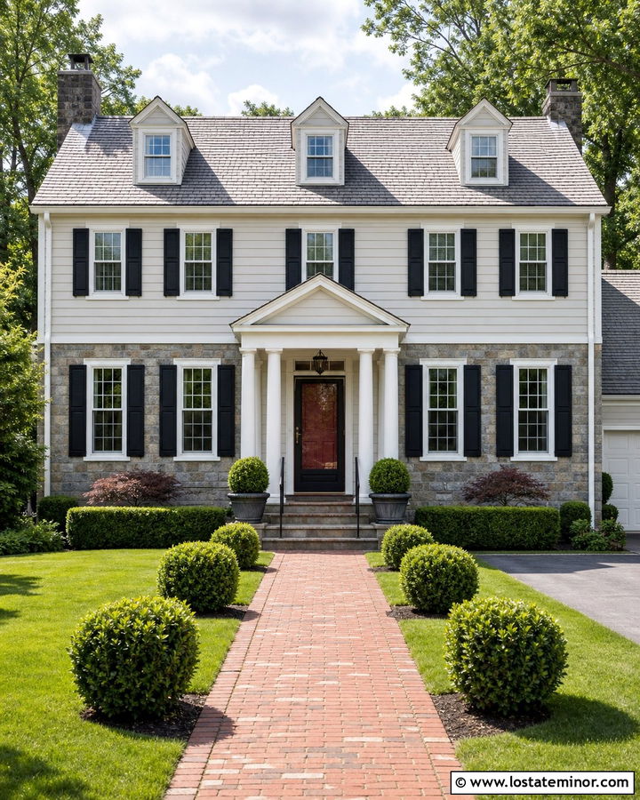 Stone Colonial House With Black Full View Storm Door - 30 Stone House Design With Storm Door Ideas