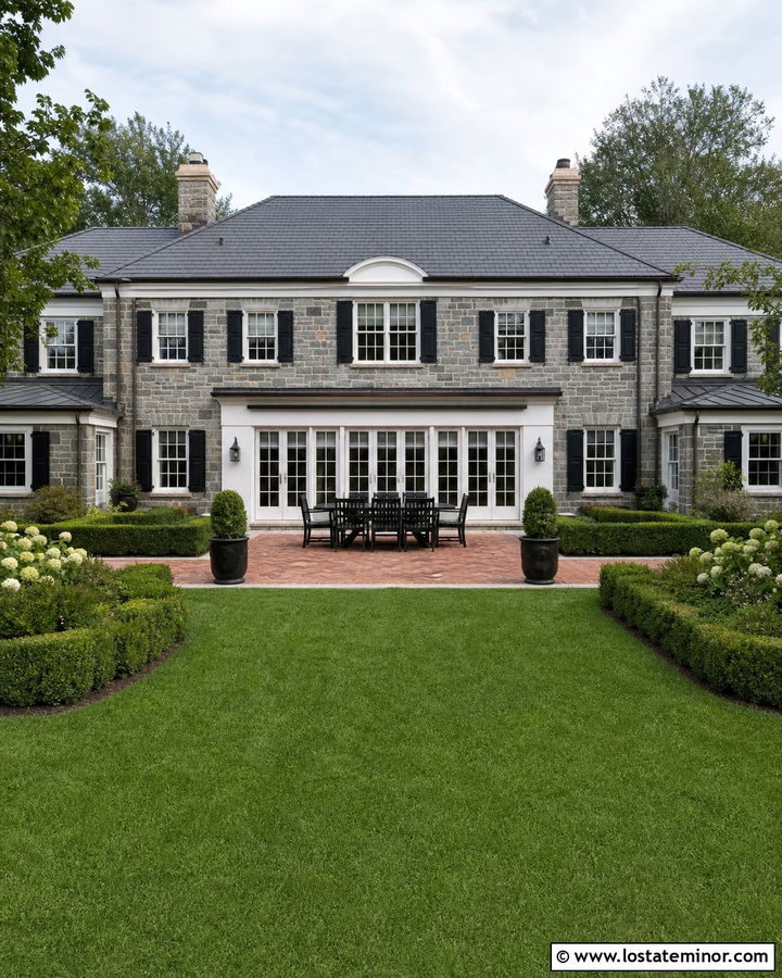 Stone Colonial House With Brick Patio - 30 Stone House Design With Backyard Ideas