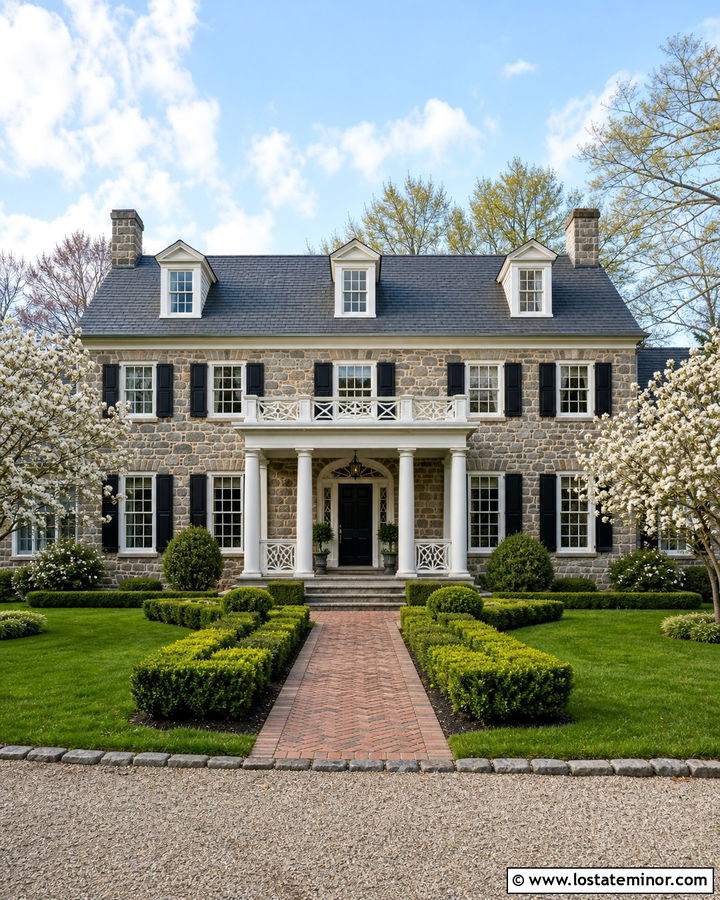 Stone Colonial House With Chippendale Railings - 30 Stone House Design With Railings Ideas