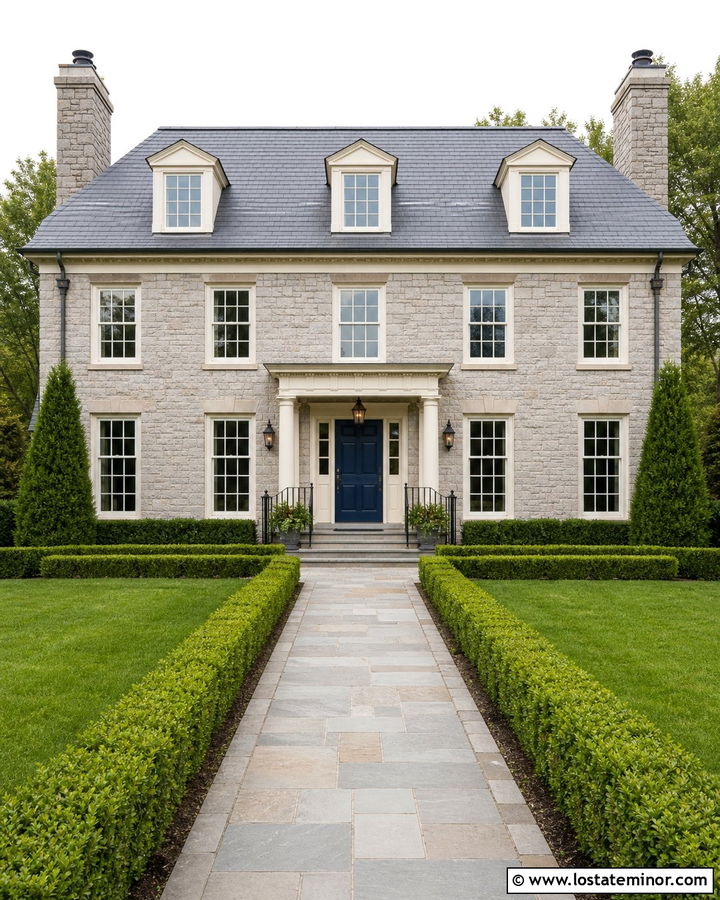 Stone Colonial House With Cream Window Frames - 30 Stone House Design With Window Frames Ideas