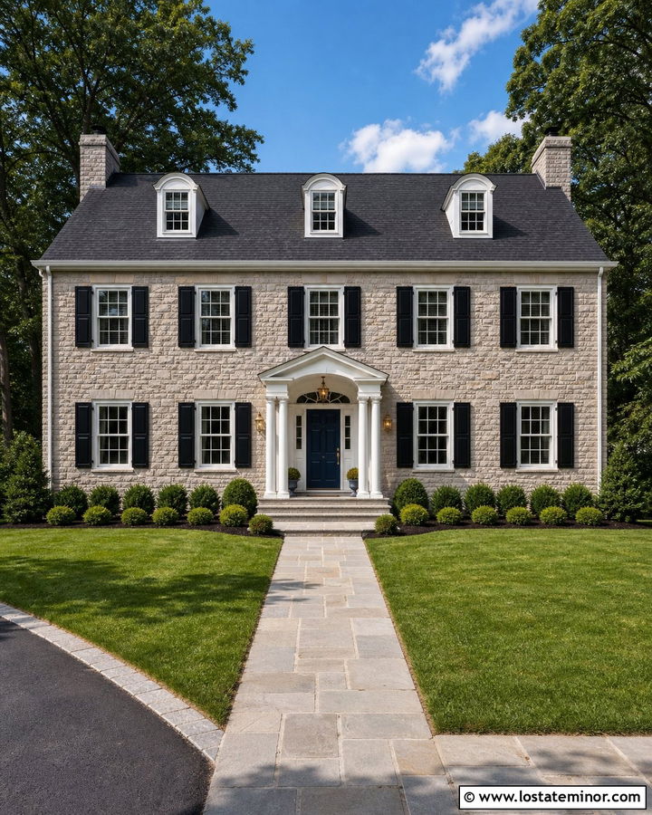 Stone Colonial House With Dark Gray Roof - 30 Stone House Design With Roof Ideas