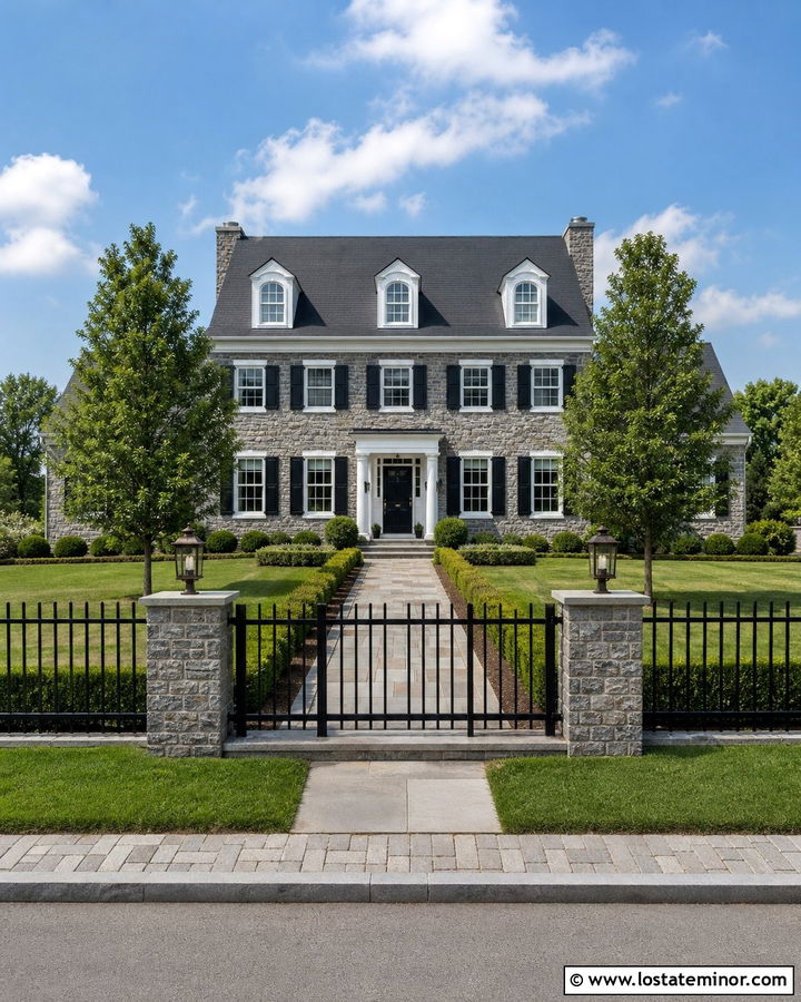 Stone Colonial House With Estate Fence - 30 Stone House Design With Fence Ideas