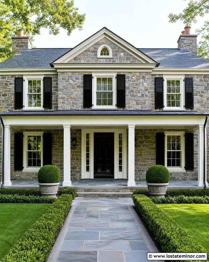 Stone Colonial House With Pale Gray Porch Ceiling - 30 Stone House Design With Porch Ceiling Ideas