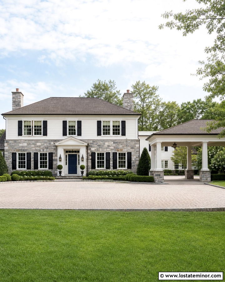 Stone Colonial House With Porte Cochere - 30 Stone House Design With Carport Ideas