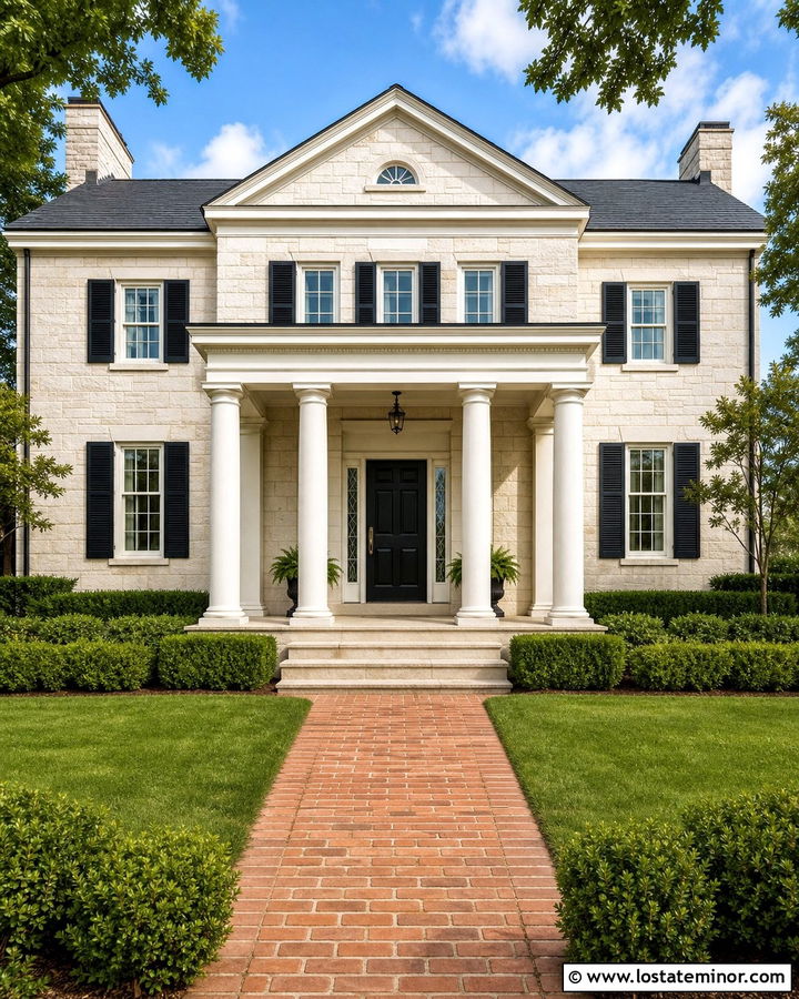 Stone Colonial House With Portico - 30 Stone House Design With Portico Ideas