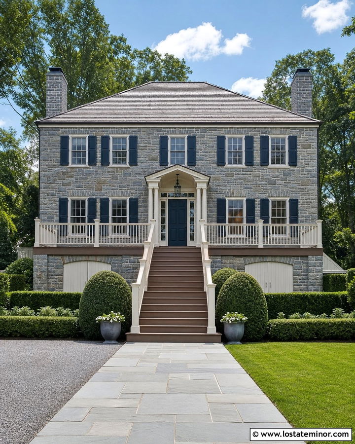 Stone Colonial House With Raised Deck - 30 Stone House Design With Deck Ideas