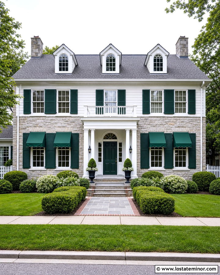 Stone Colonial House With Retractable Awnings - 30 Stone House Design With Awning Ideas