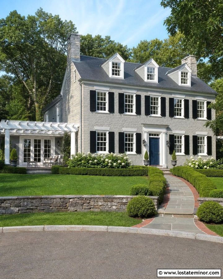 Stone Colonial House With Side Pergola - 30 Stone House Design With Pergola Ideas