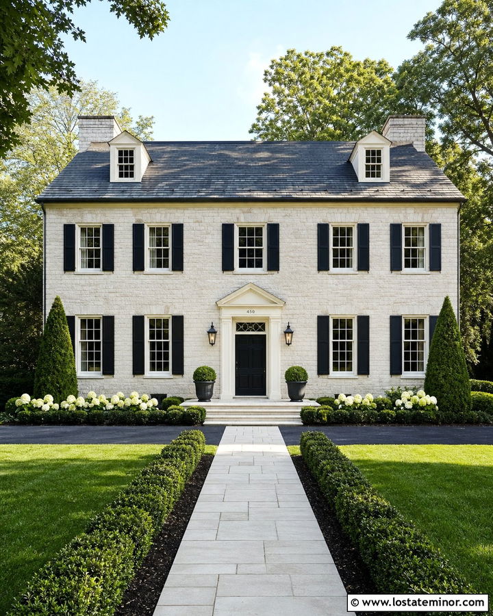 Stone Colonial House With Straight Paver Walkway - 30 Stone House Design With Walkway Ideas