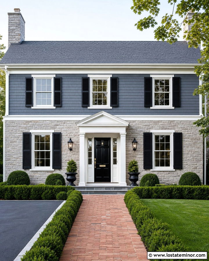 Stone Colonial House With Symmetrical Lantern Lighting - 30 Stone House Design With Lighting Ideas