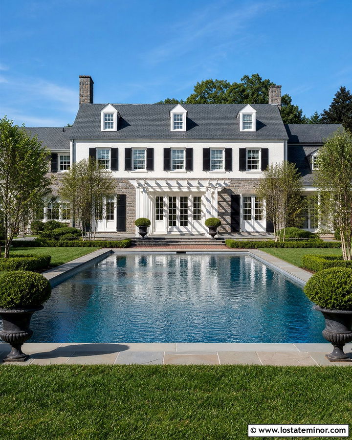 Stone Colonial House With Symmetrical Pool - 30 Stone House Design With Swimming Pool Ideas