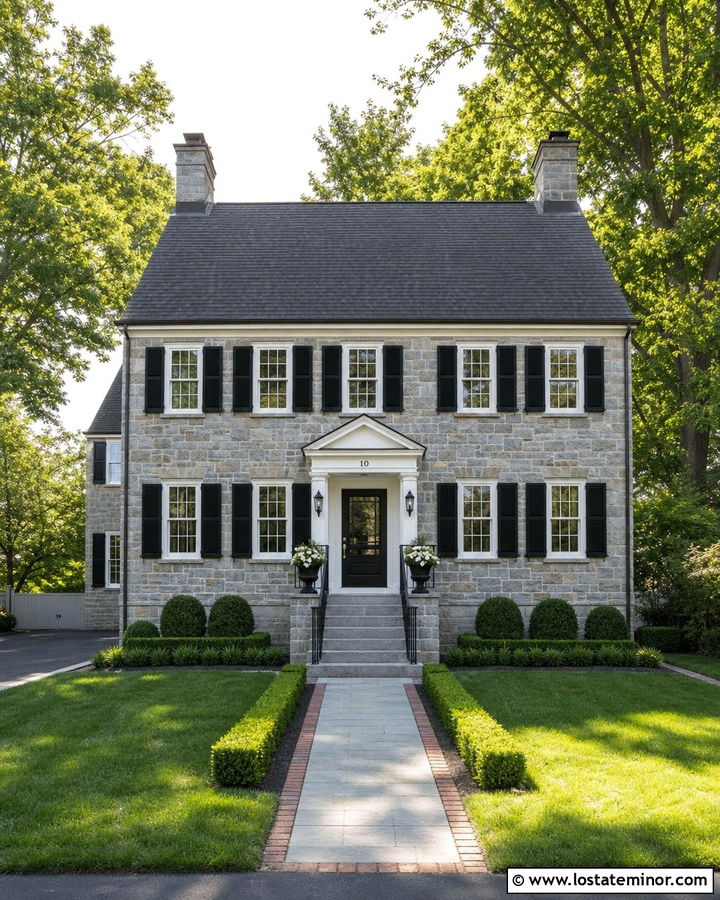 Stone Colonial House With Symmetrical Steps - 30 Stone House Design With Steps Ideas
