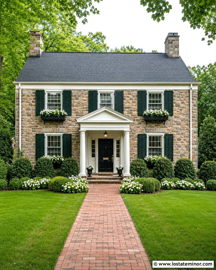 Stone Colonial House With Symmetrical Window Boxes - 30 Stone House Design With Window Boxes Ideas