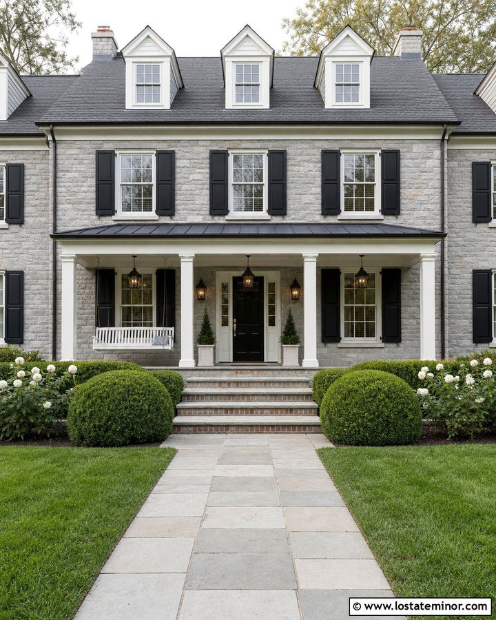 Stone Colonial House With Traditional Porch Swing - 30 Stone House Design With Swing Ideas