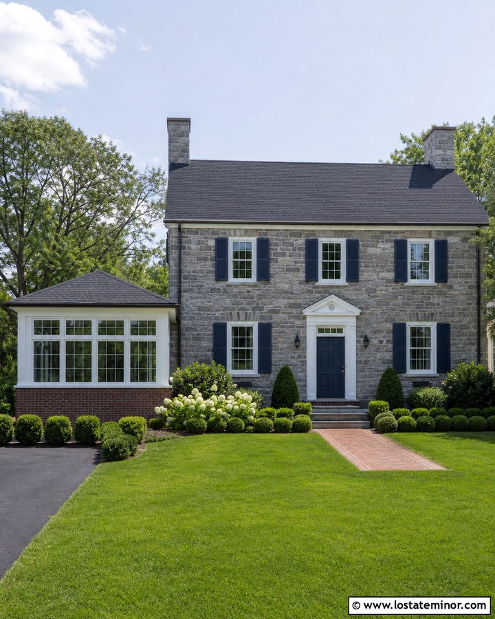 Stone Colonial With Brick Sunroom Base - 30 Stone House Design With Sunroom Ideas