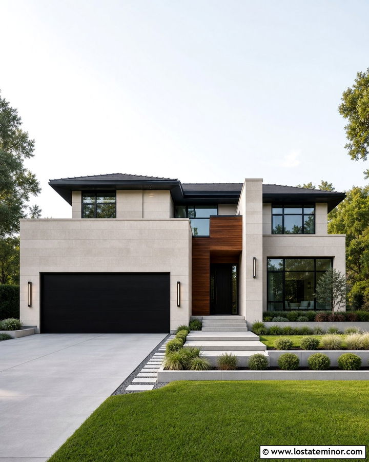 Stone Contemporary House With Black Garage Door - 30 Stone House Design With Garage Door Ideas