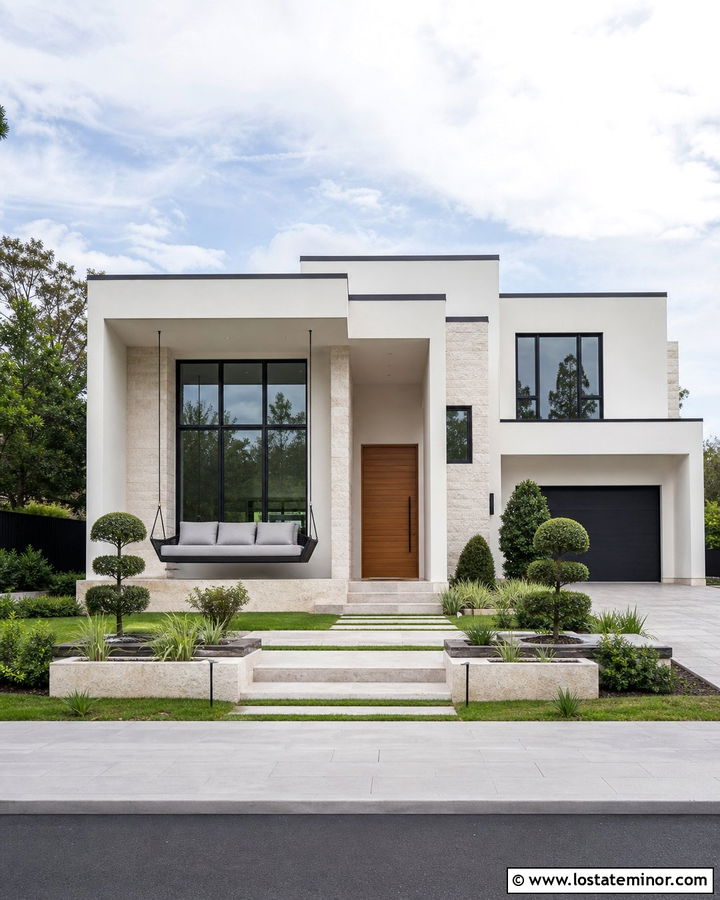 Stone Contemporary House With Black Swing Bed - 30 Stone House Design With Swing Ideas