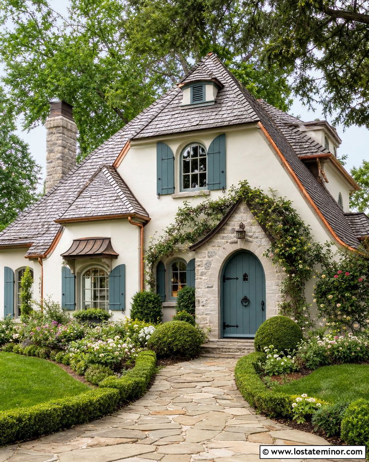 Stone Cottage With Arched Shutters - 30 Stone House Design With Shutters Ideas