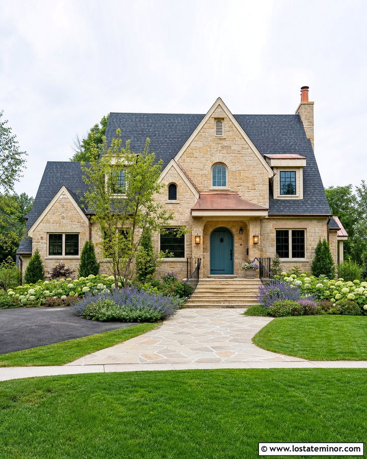 Stone Cottage With Curved Iron Railings - 30 Stone House Design With Railings Ideas