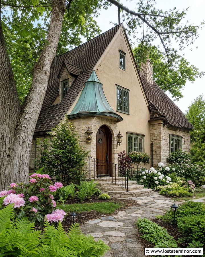 Stone Cottage With Green Copper Awning - 30 Stone House Design With Awning Ideas