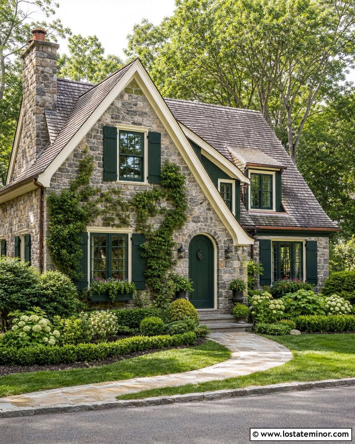 Stone Cottage With Green Trim - 30 Stone House Design With Trim Ideas